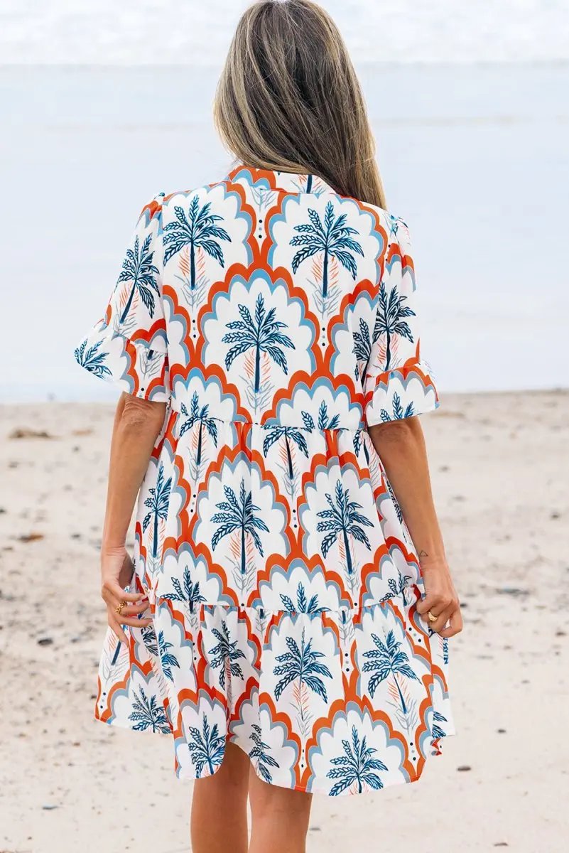 Orange Contrast Palm Tree Printed Short Sleeve Flowy Dress - Love Salve